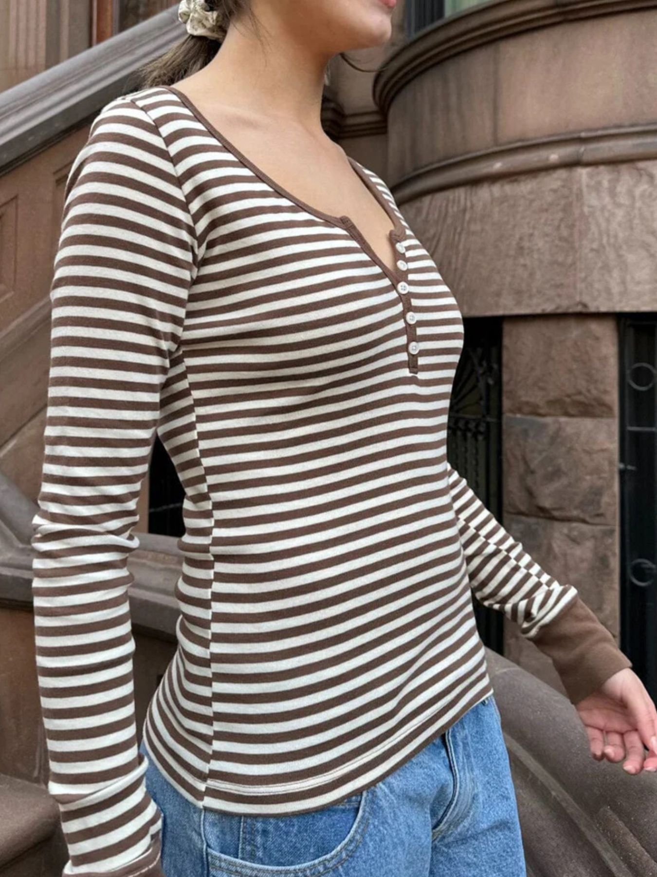 Striped Long Sleeve Henley T-Shirt