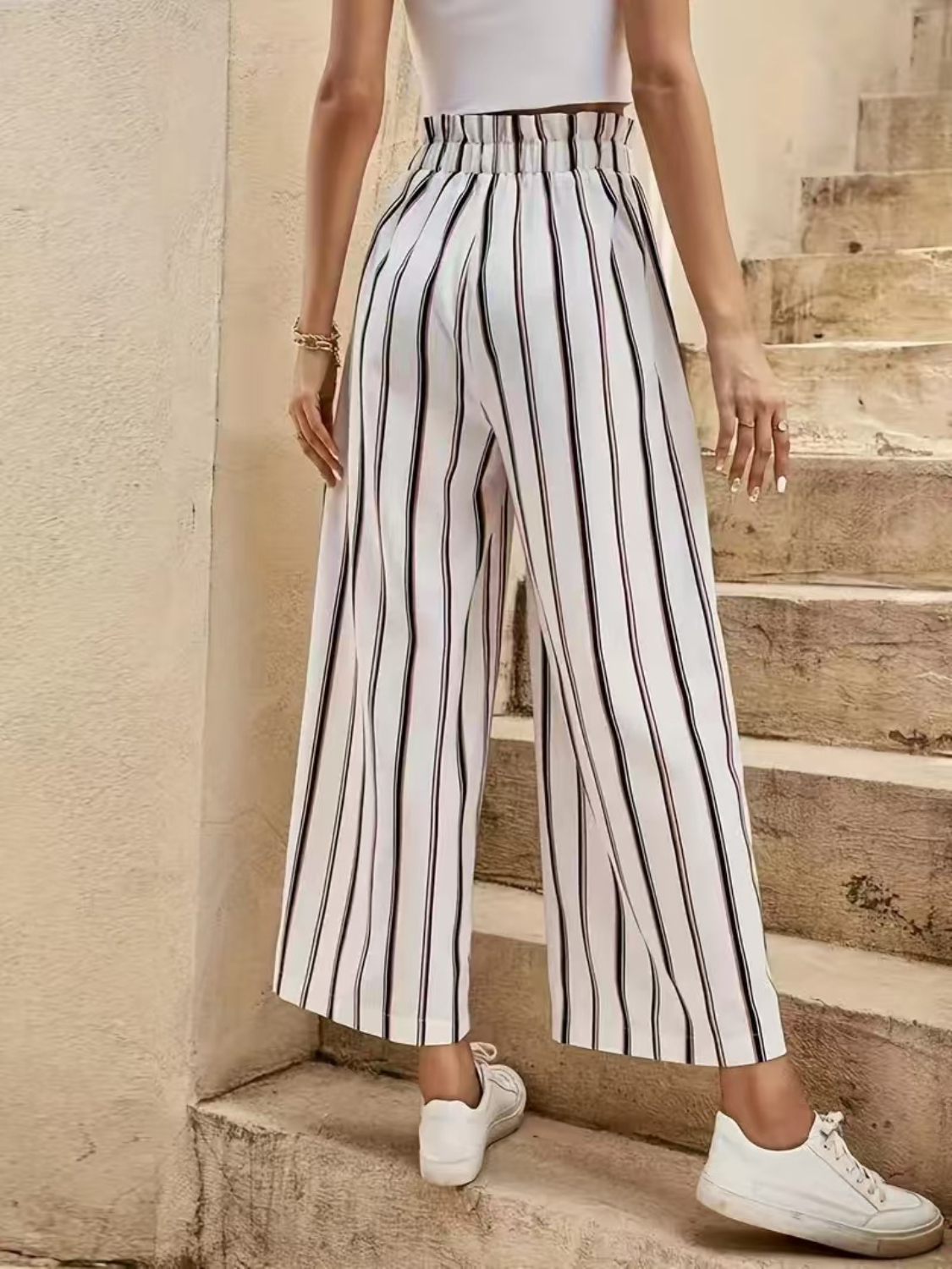 Tied Striped Wide Leg Pants