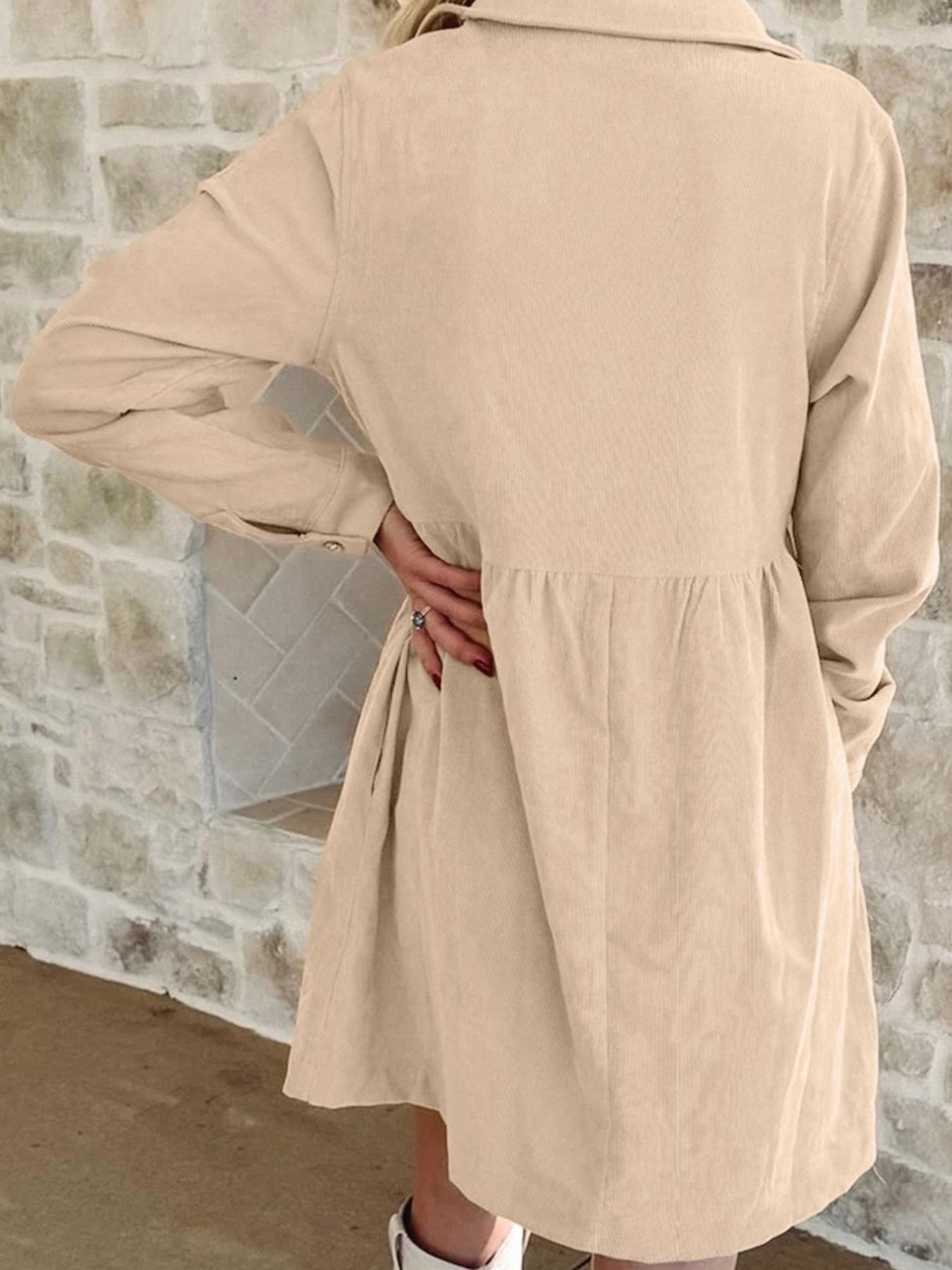 Corduroy Half Button Collared Long Sleeve Mini Dress