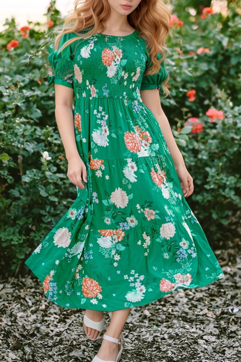 Floral Print Bubble Sleeve Smocked Tiered Midi Dress
