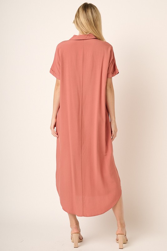 Collared Neck Dolman Short Sleeve Midi Shirt Dress