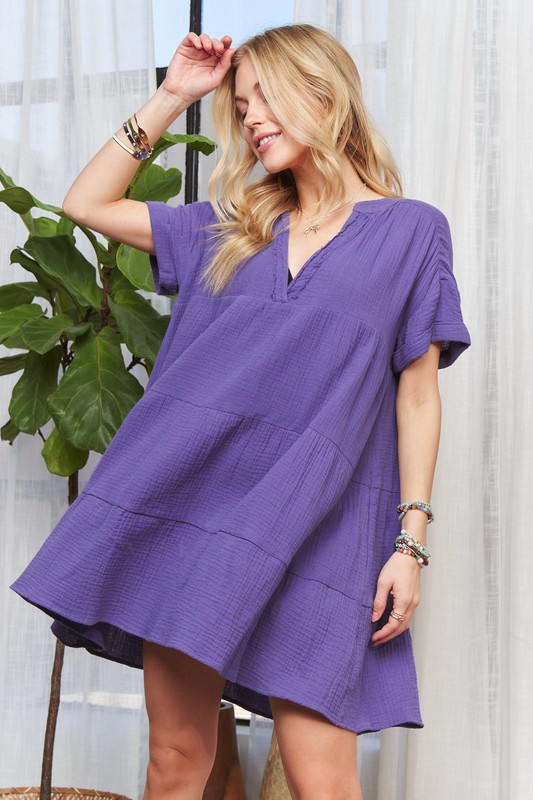 Tiered Notched Short Sleeve Dress