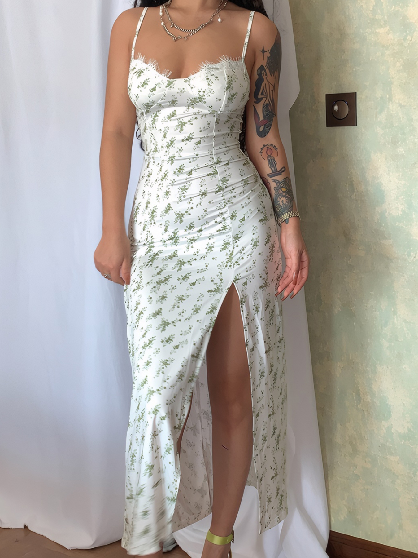 Split Printed Sweetheart Neck Cami Dress