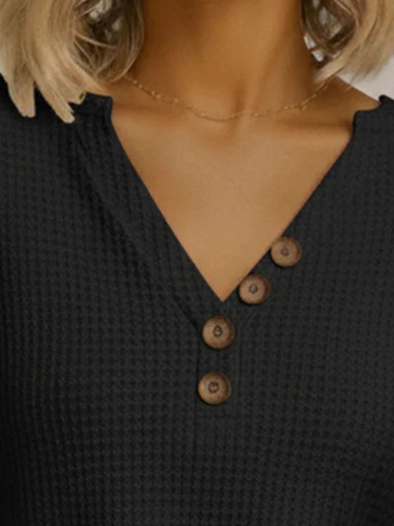 Full Size Casual Waffle Knit V-Neck Long Sleeve T-Shirt Plus Size