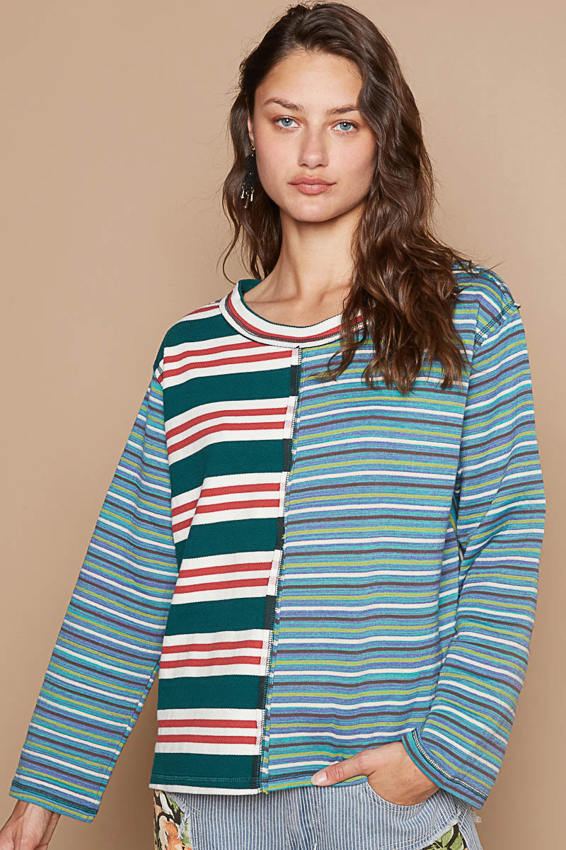 Color Block Striped Round Neck Long Sleeve T-Shirt
