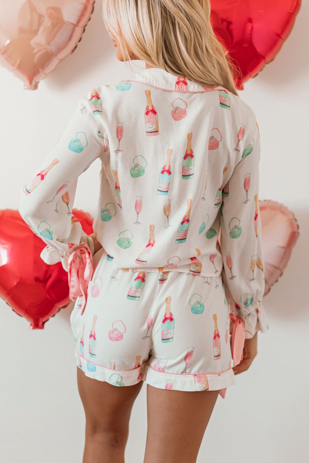 Bow Printed Collared Neck Top and Drawstring Shorts Lounge Set