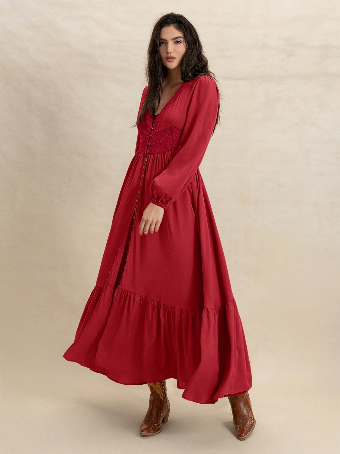 V-Neck Balloon Sleeve Ruffled Hem Maxi Dress