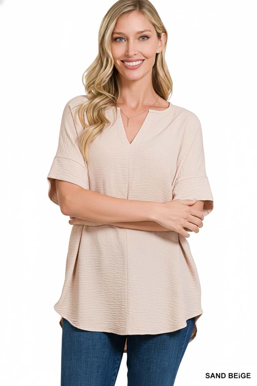 Woven Airflow Split Neck Short Sleeve Top