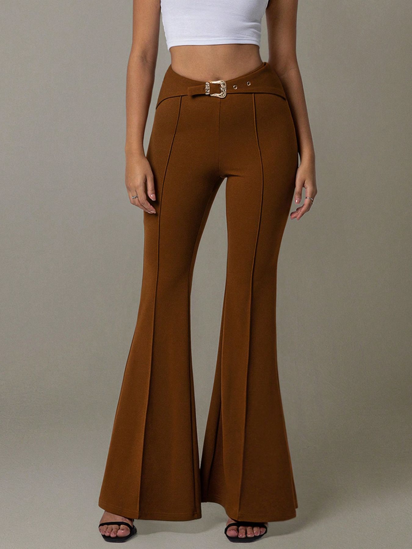 High Waist Flare Pants with Buckle Belt