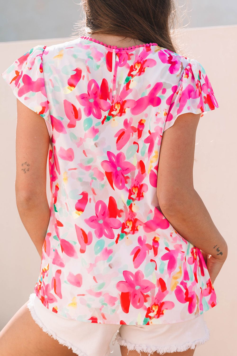 Floral Print Ruffle Sleeve Round Neck Blouse