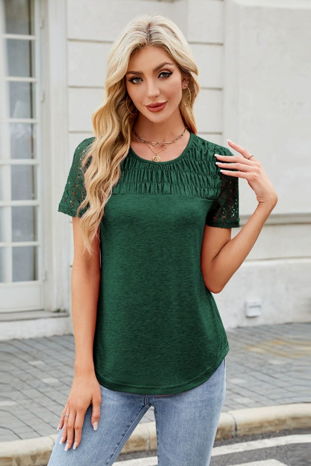 Smocked Round Neck Short Sleeve T-Shirt