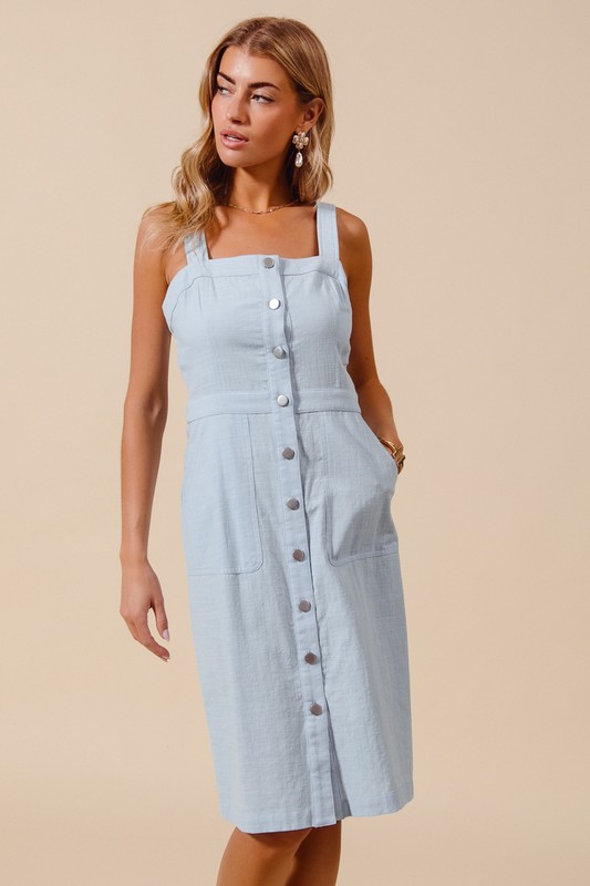 Button Down Pocket Front Pinafore Dress