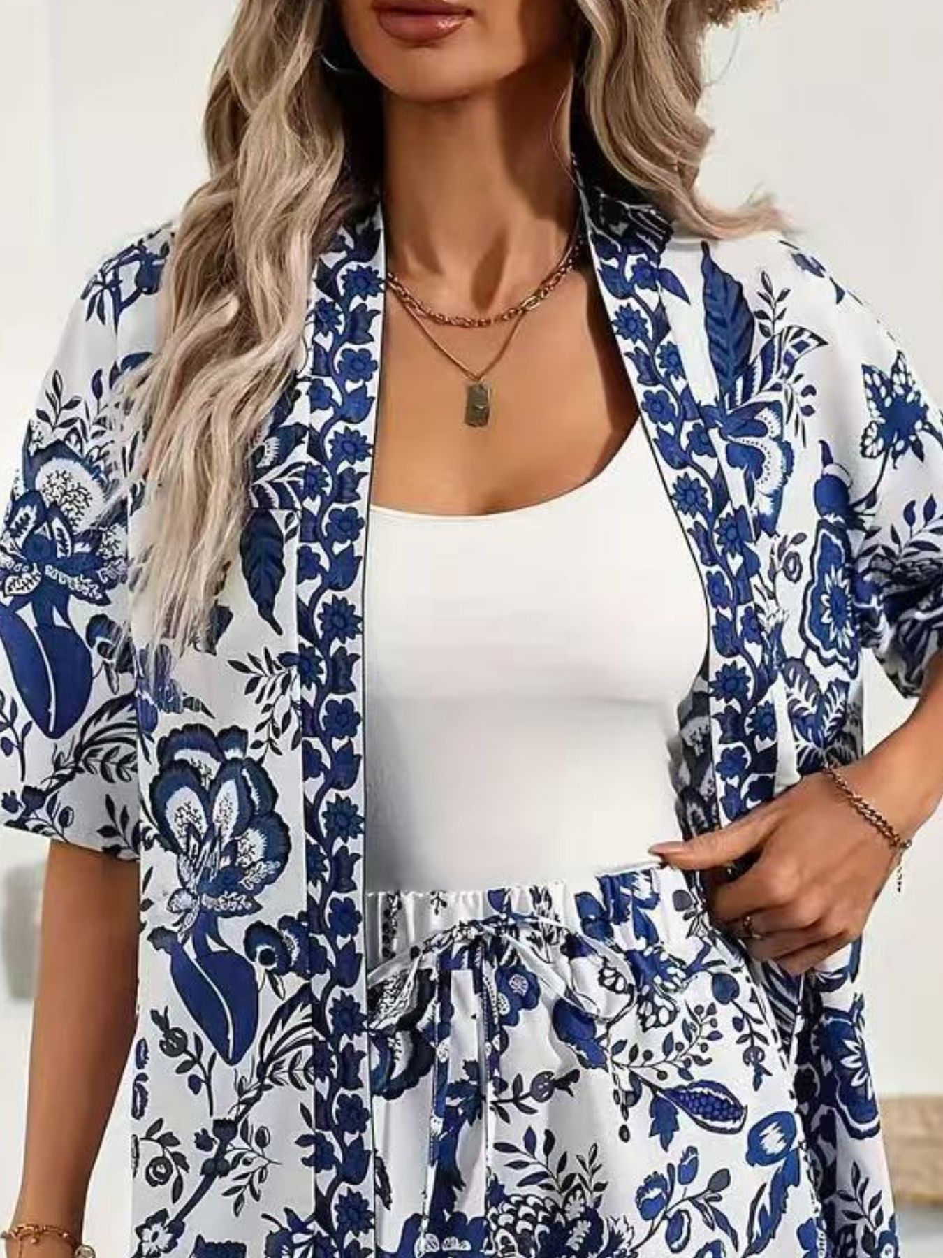Printed Open Front Cardigan and Shorts Set
