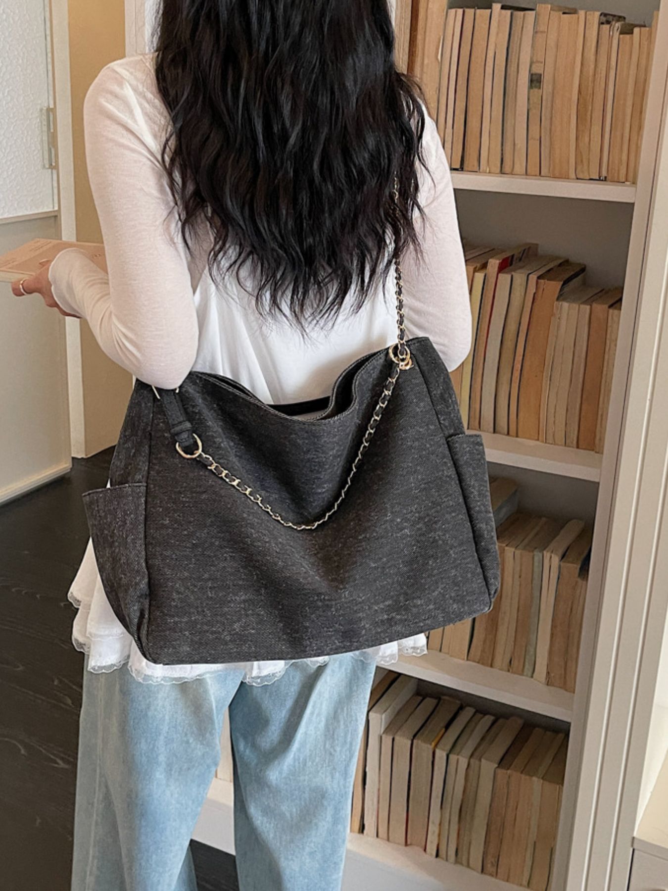 Denim Shoulder Bag with Chain Strap 3