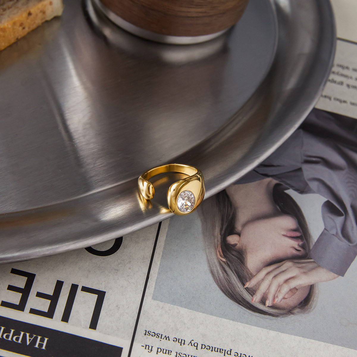 18K Gold-Plated Rhinestone Open Ring