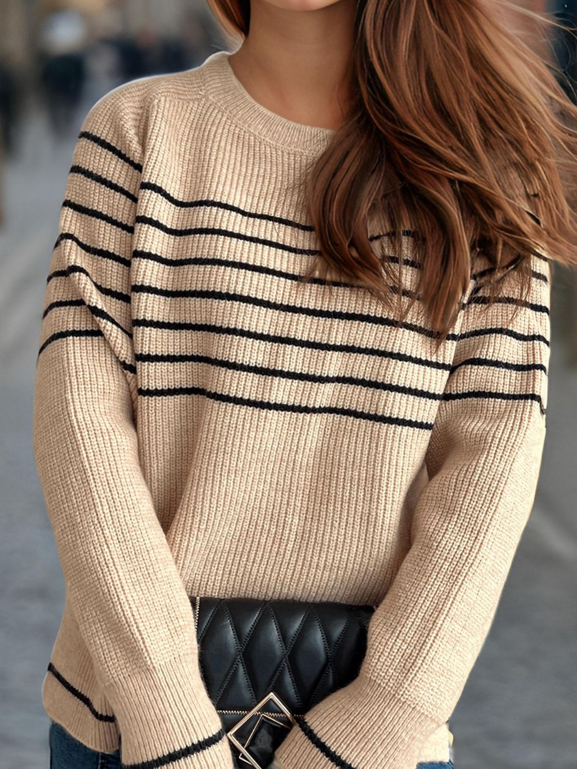 Striped Round Neck Long Sleeve Sweater view 5