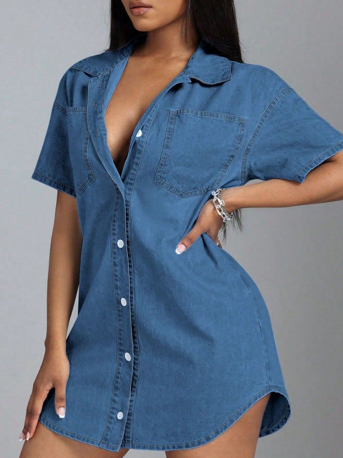 Button Down Collared Neck Denim Dress
