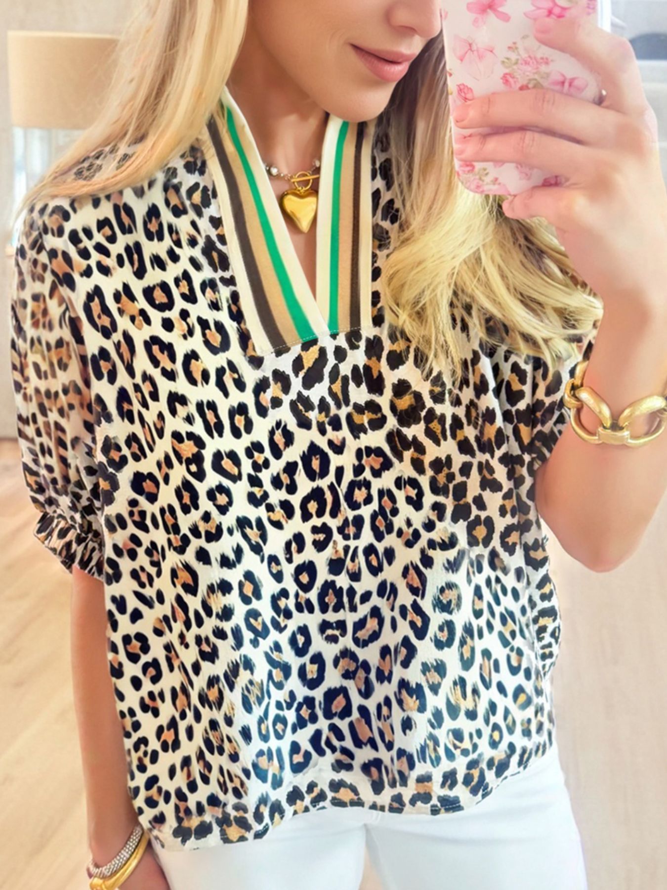 Leopard Print Notched Blouse with Striped Trim