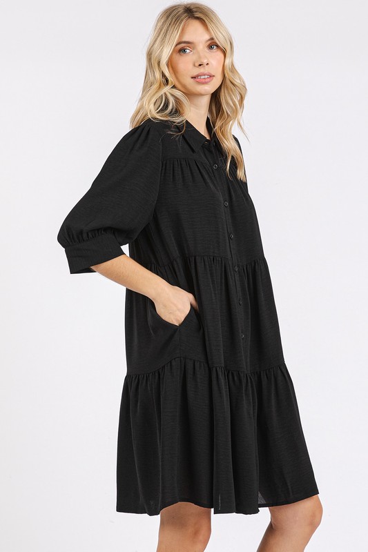 Button Detail Collared Neck Tiered Shirt Dress