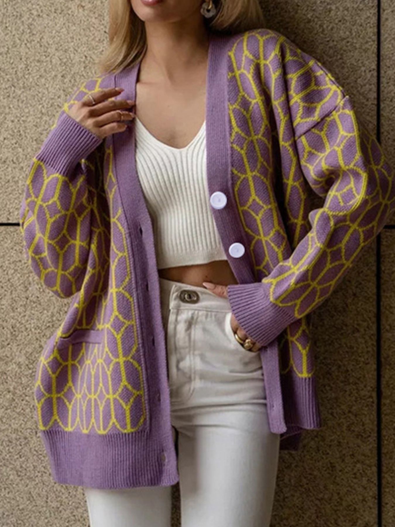 Geometric Patterned Button-Down Cardigan