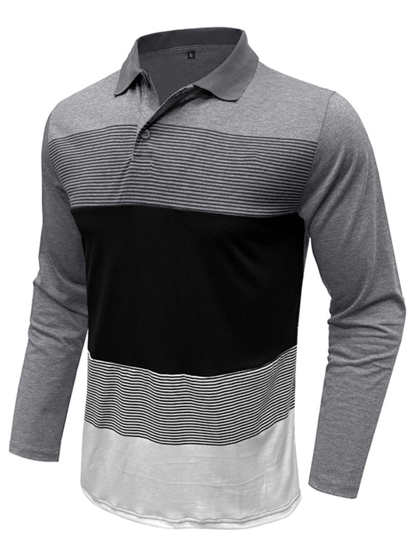 Men's Color Block Striped Long Sleeve Polo Shirt