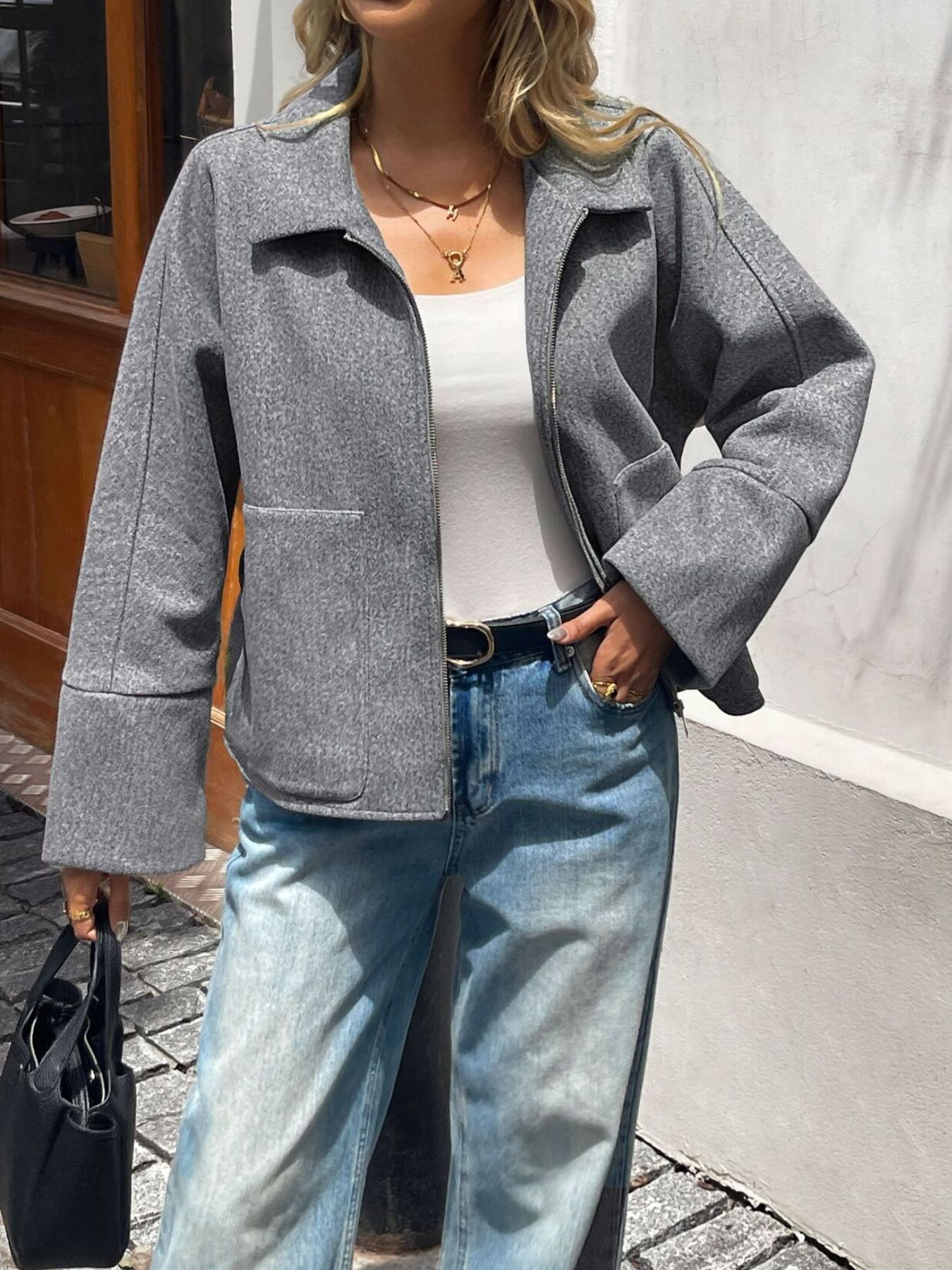 Oversized Collared Neck Zip-Up Jacket