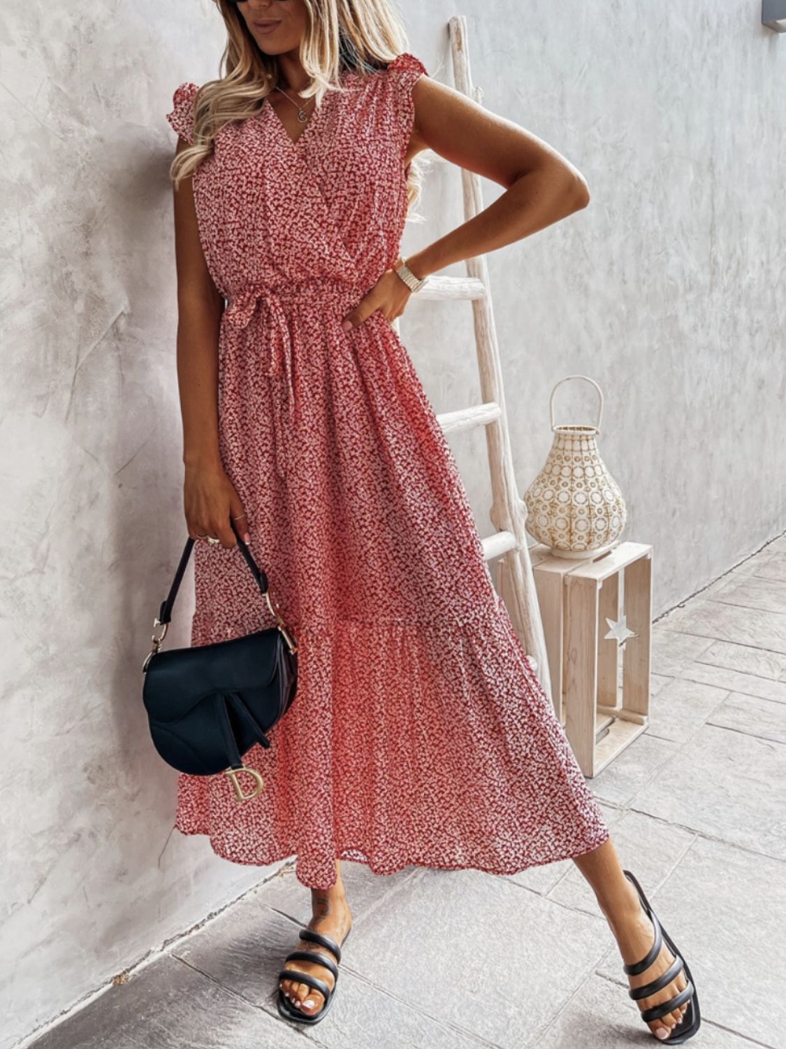 Ruffled Surplice Printed Cap Sleeve Dress