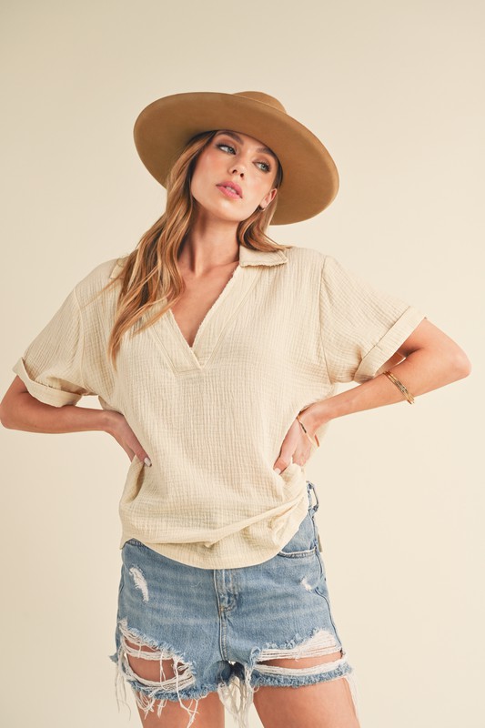Side Slit Johnny Collar Short Sleeve Cotton Gauze Blouse