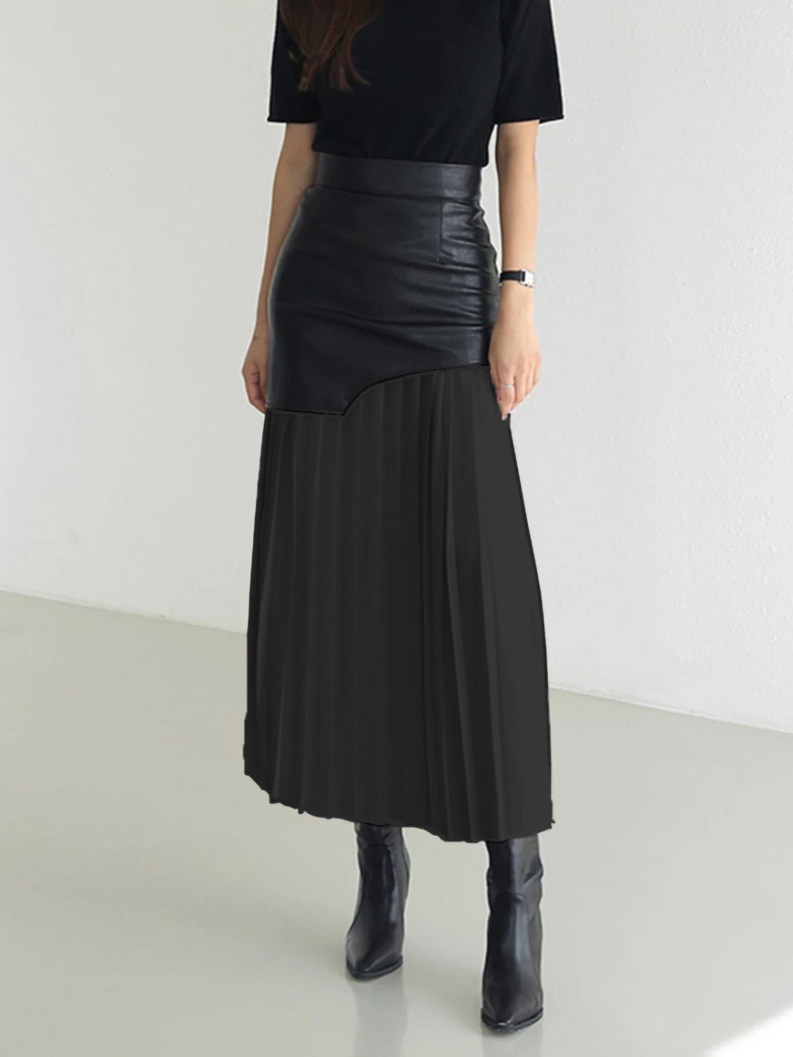 Patchwork Contrast Pleated Skirt