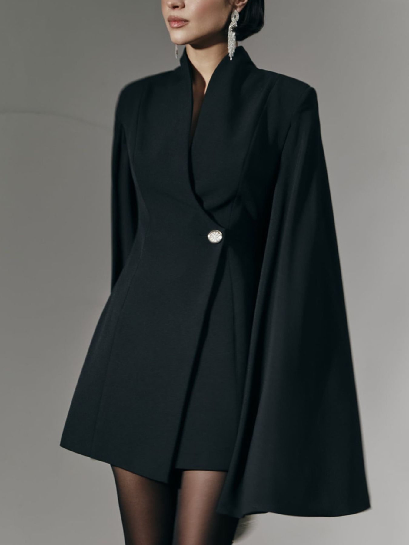 One Button Fitted Mini Blazer Dress with Cape Sleeves