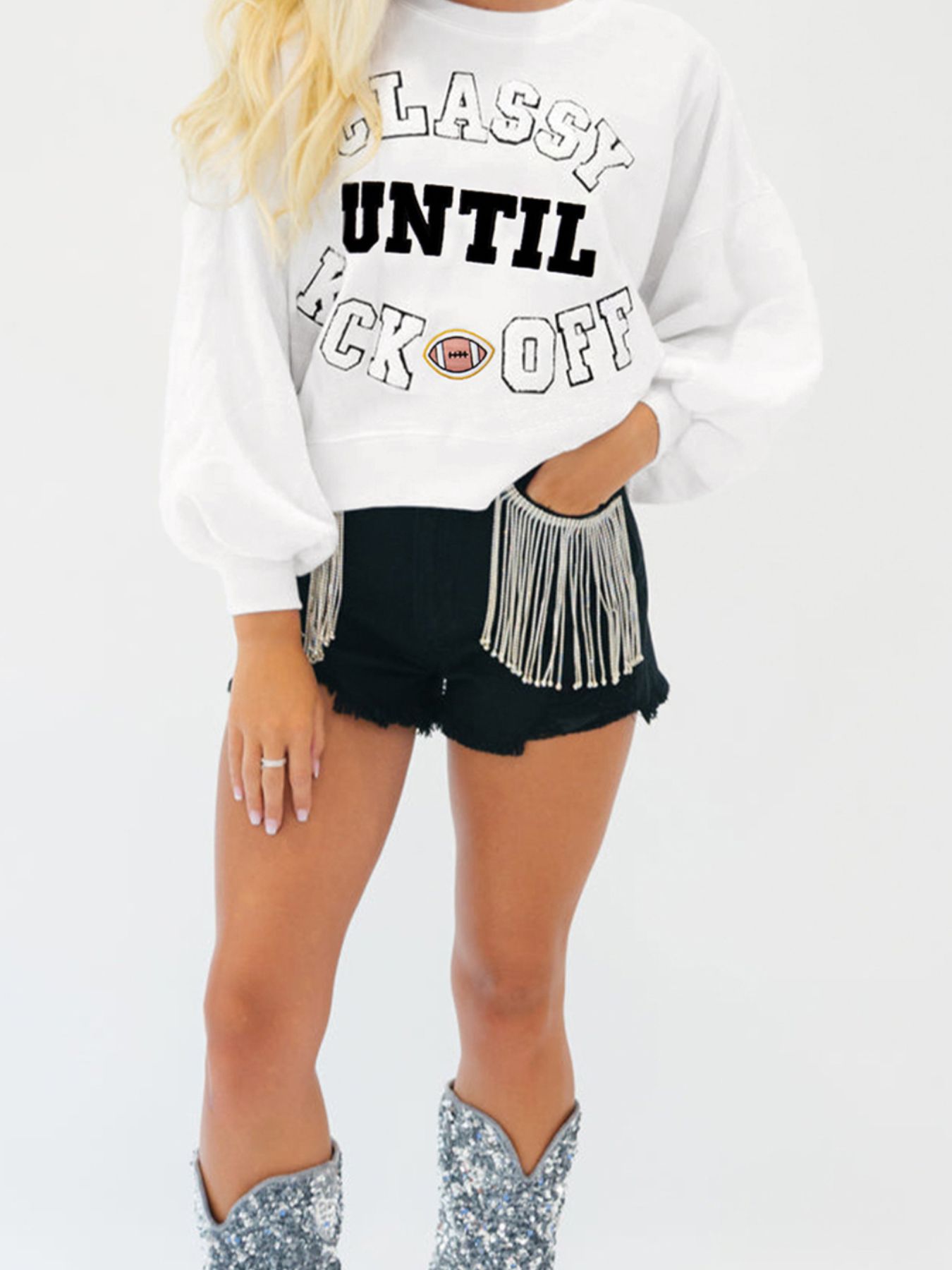 CLASSY UNTIL KICKOFF Plush Letter Patched Loose Sweatshirt
