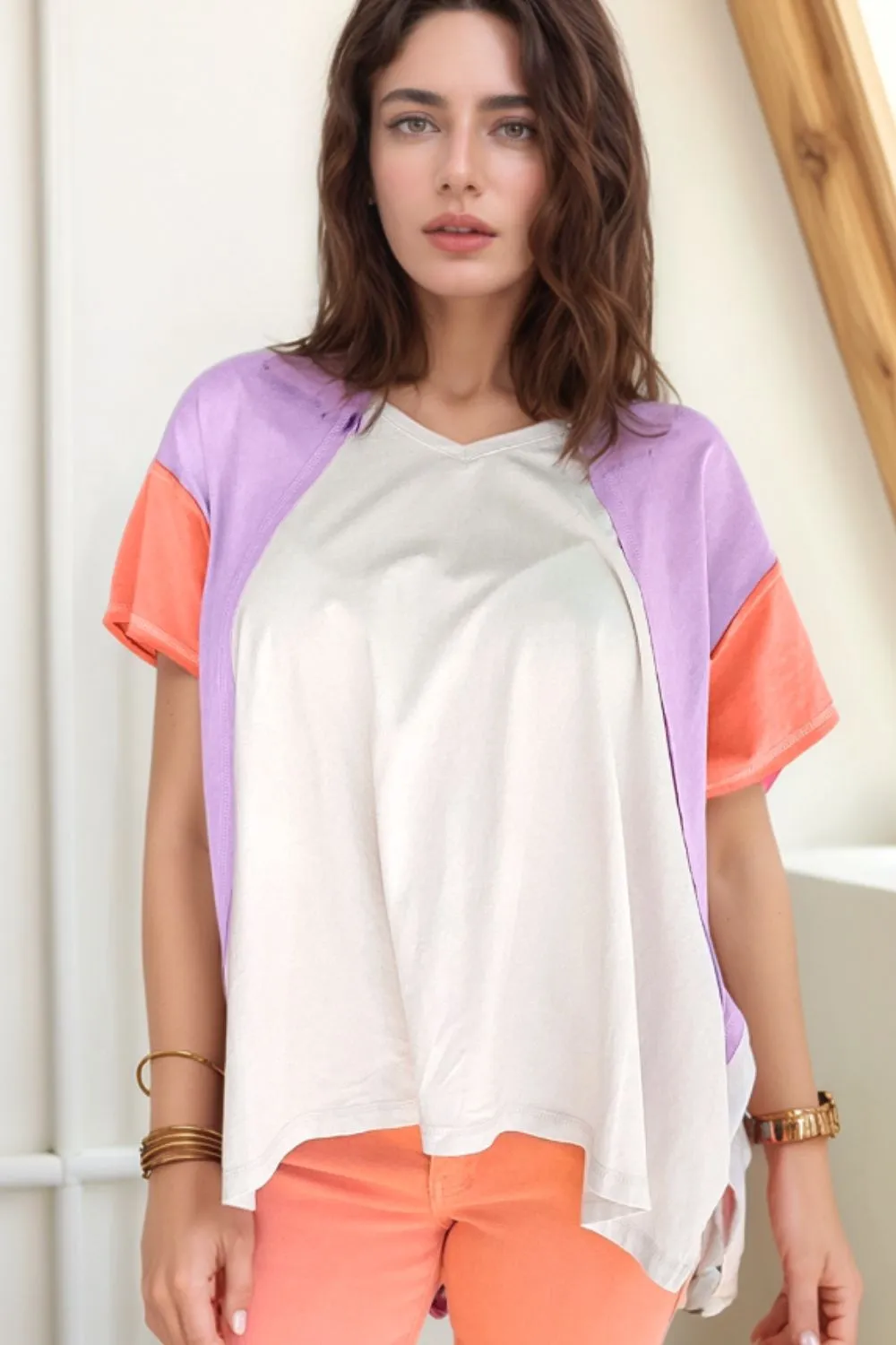 Color Block Patchwork V Neck Exposed Seam High Low T Shirt