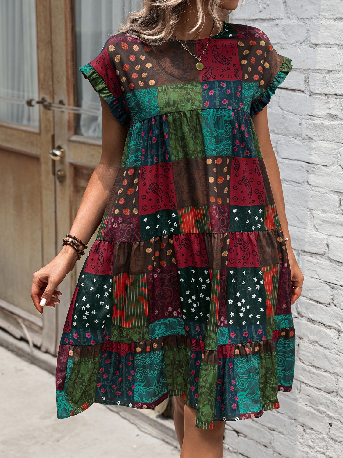 Color Block Print Short Sleeve Mini Dress