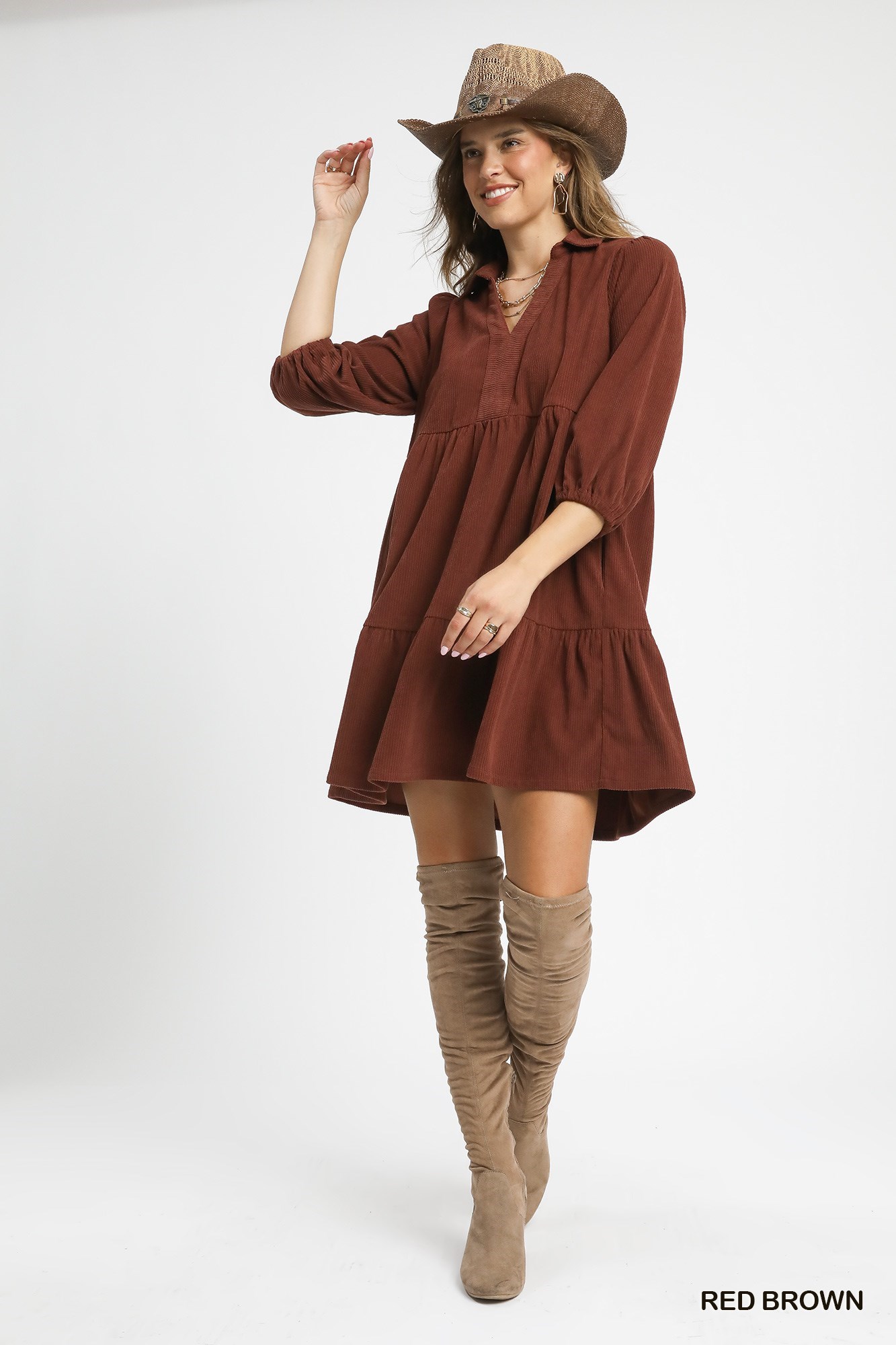 Umgee Tiered Corduroy Mini Dress with Balloon Sleeves