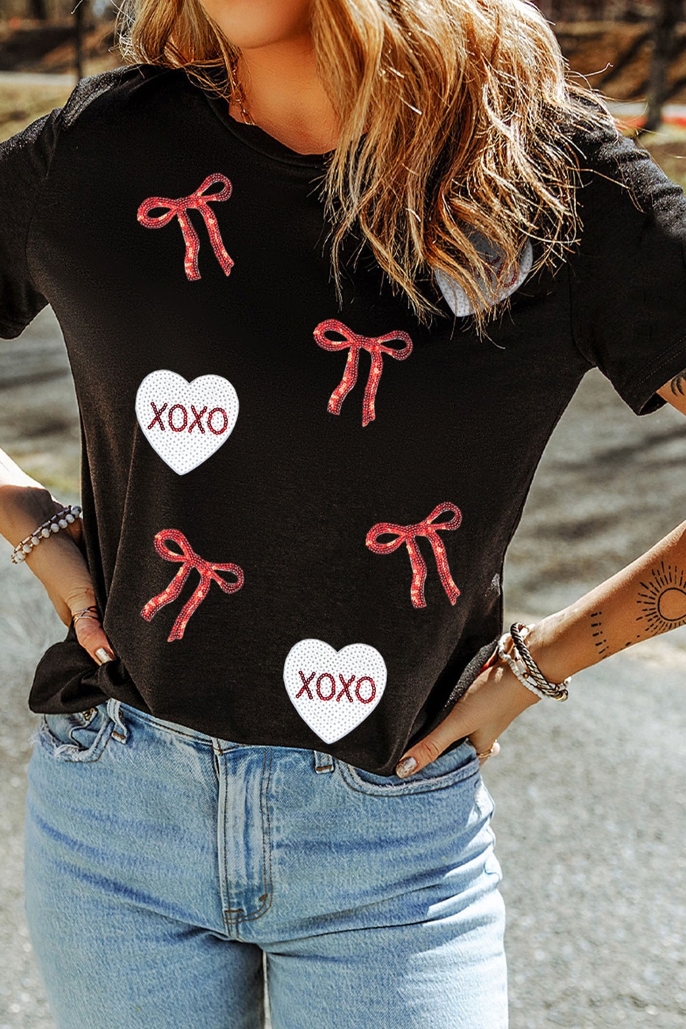 Valentines Bow XOXO Heart Sequin Patched Loose T Shirt