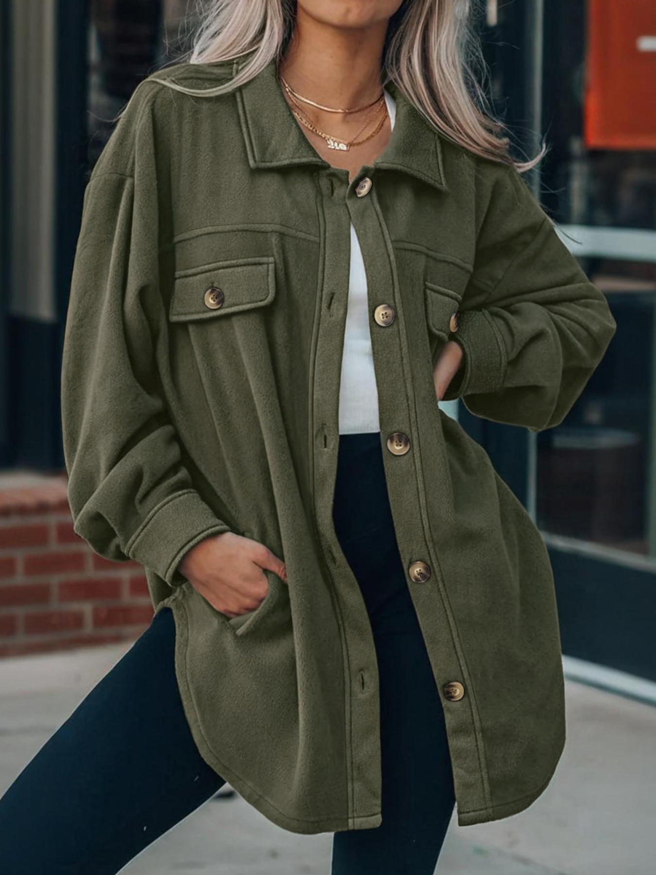 Plus Size Button-Down Dropped Shoulder Shacket