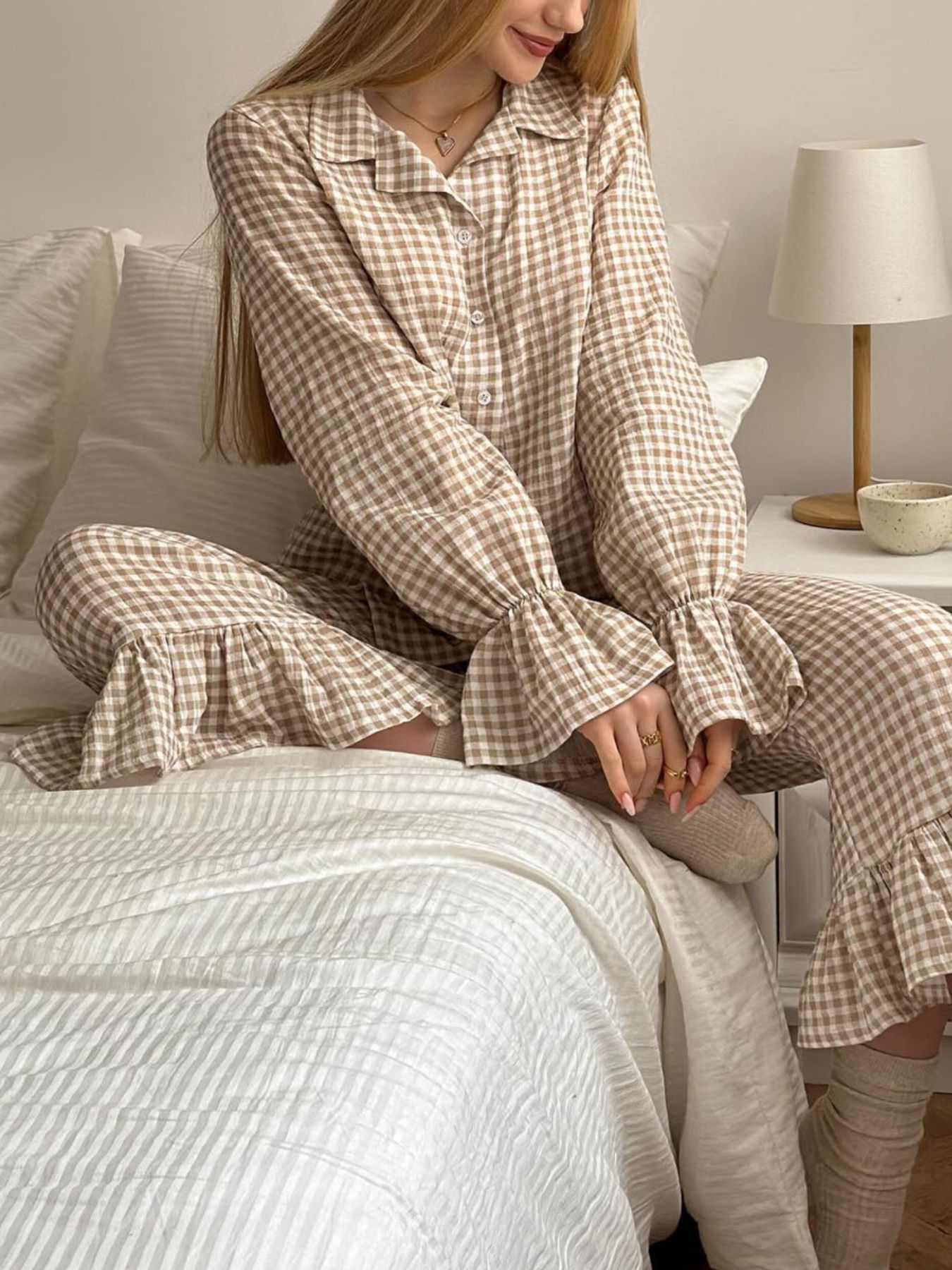 Gingham Ruffle-Trim Top and Pants Lounge Set