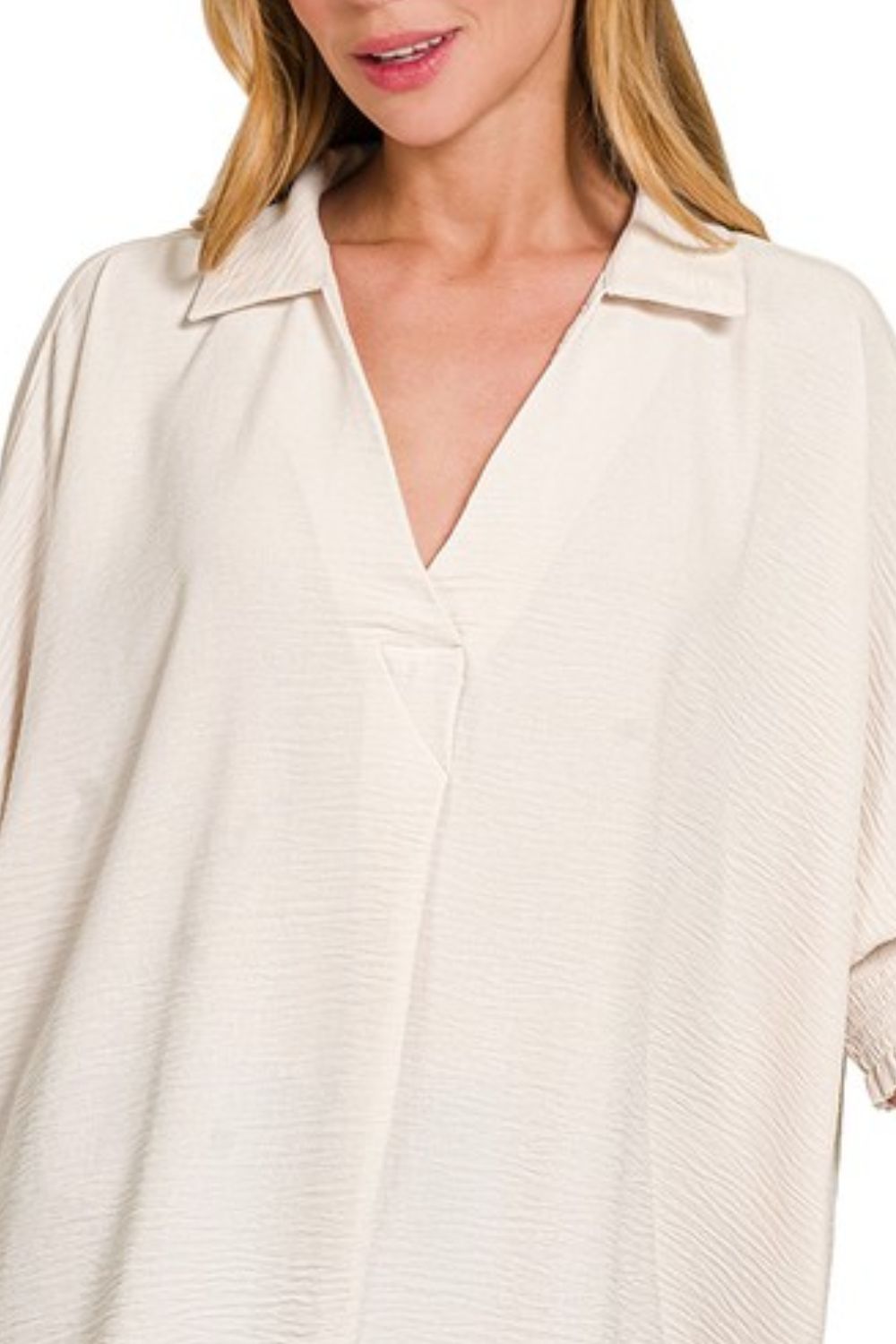 Airflow Collar Tee with Smocked Sleeve Band Top