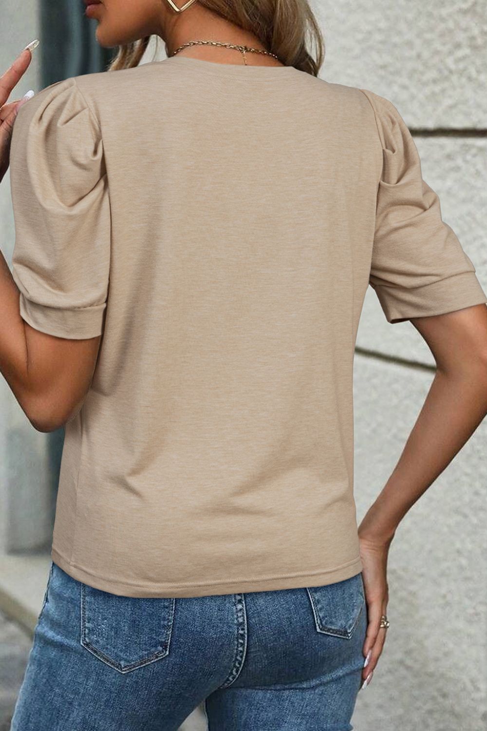 Round Neck Puff Sleeve Casual T-Shirt