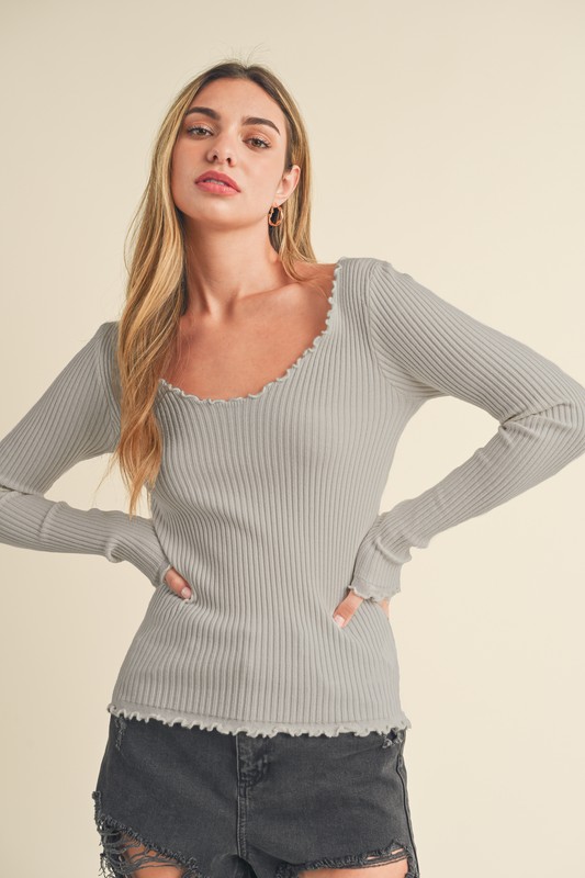 Lettuce Hem Scoop Neck Long Sleeve Knit Top