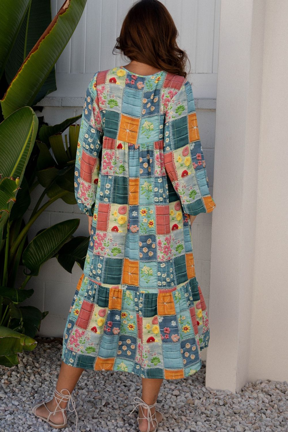 Floral Checkered V-Neck Dress