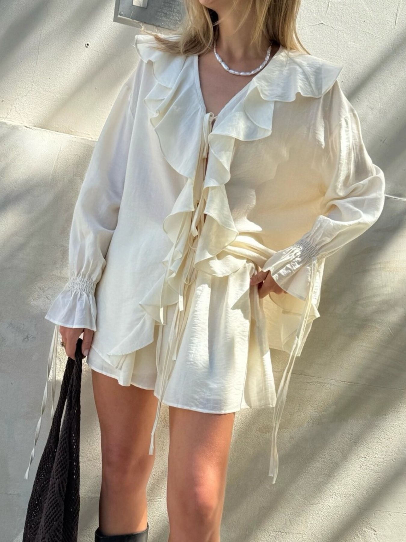 Ruffled Long Sleeve Shirt and Shorts Set