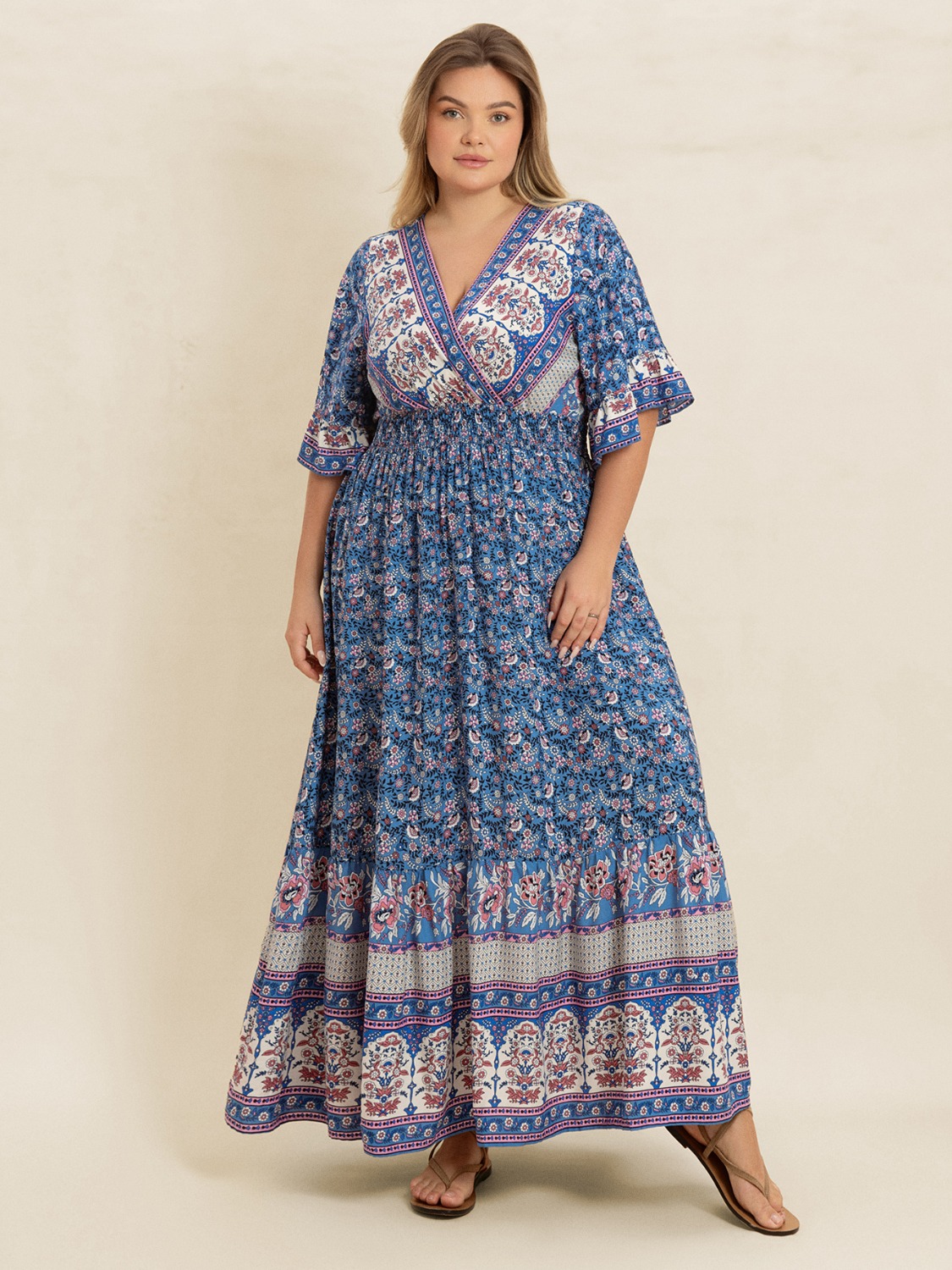 Plus Size Printed Surplice Half Sleeve Dress