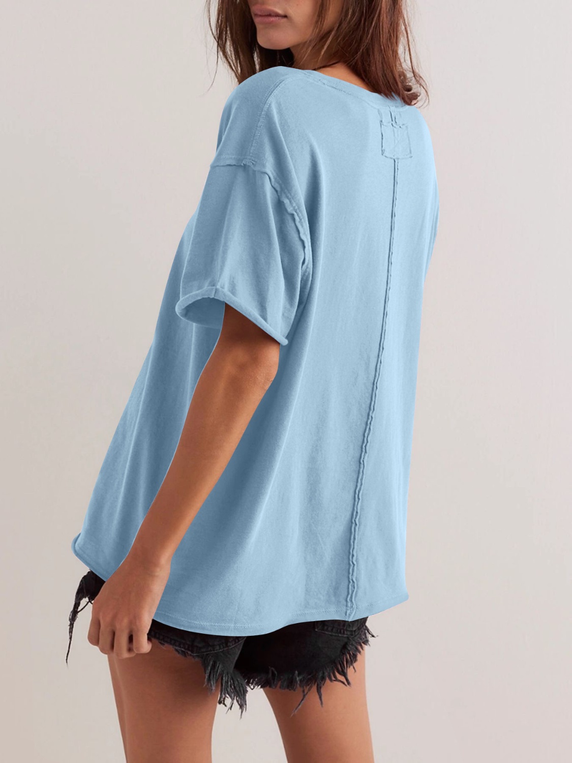 Exposed Seam Round Neck Half Sleeve T-Shirt