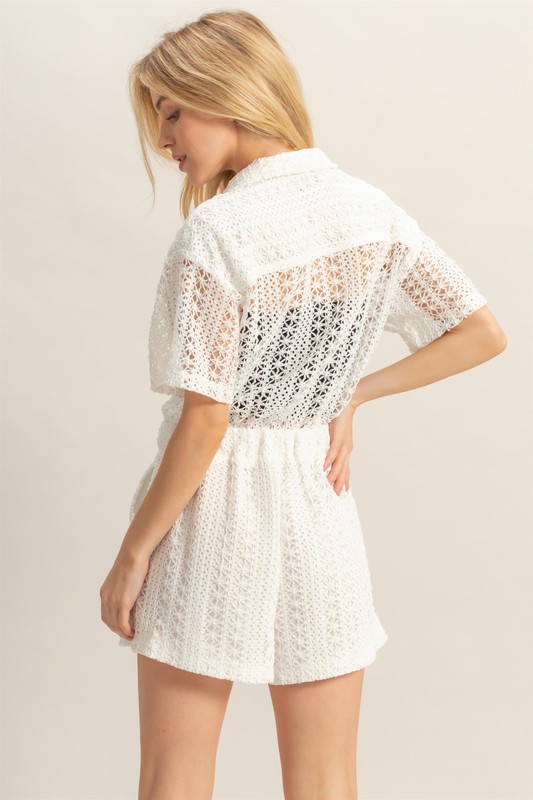 Crochet Button Front Short Sleeve Romper