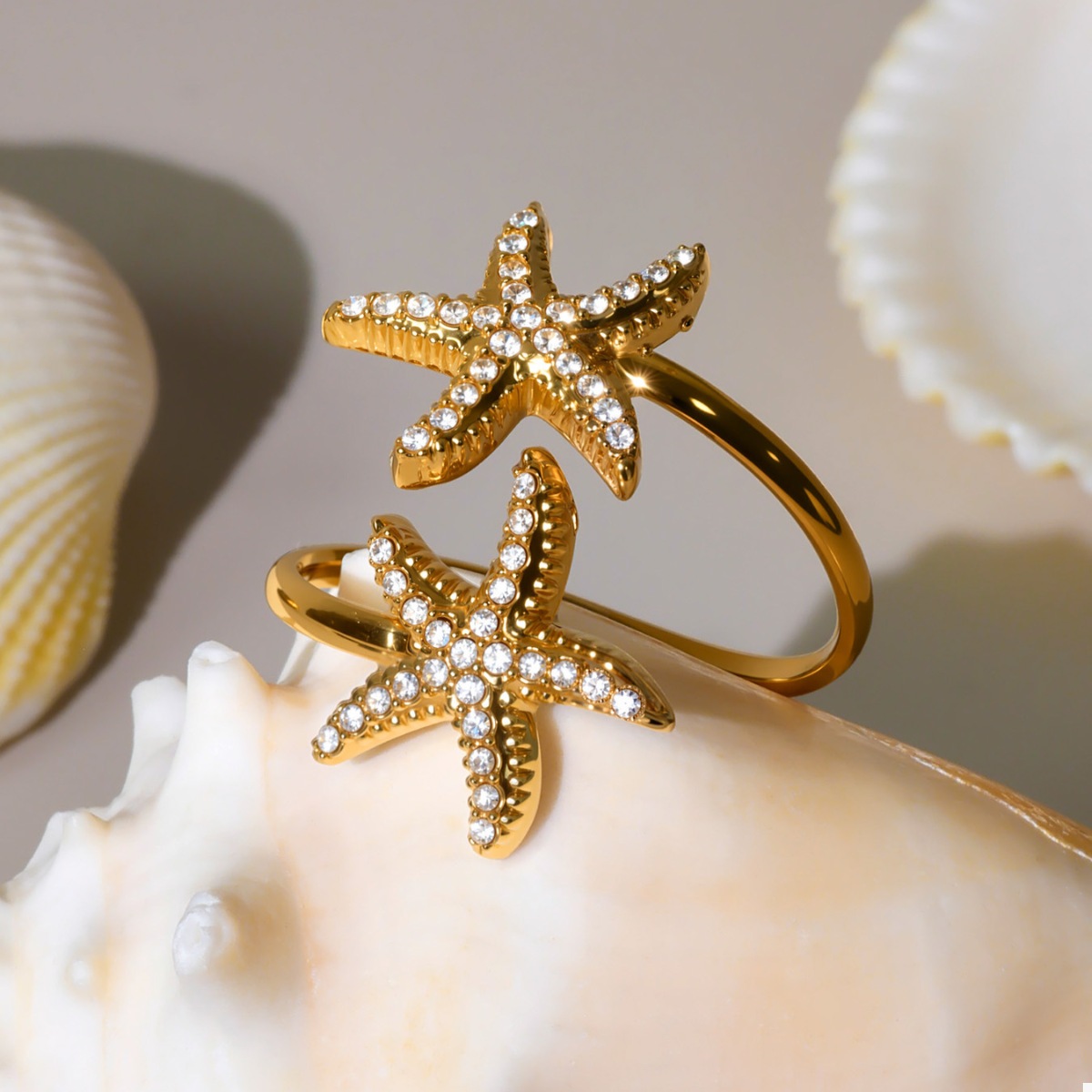 18K Gold-Plated Stainless Steel Zircon Starfish Ring