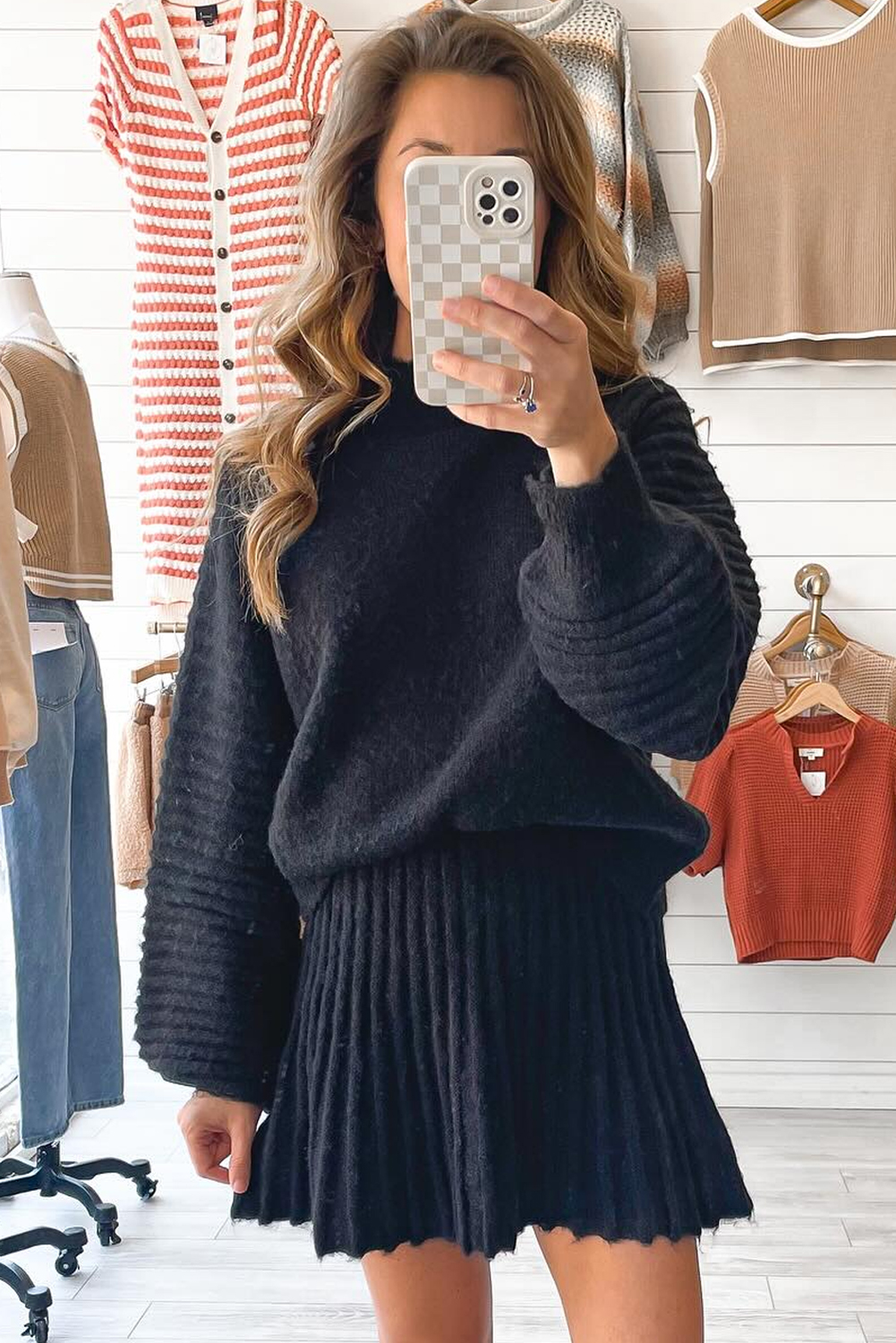 Round Neck Top and Skirt Sweater Set