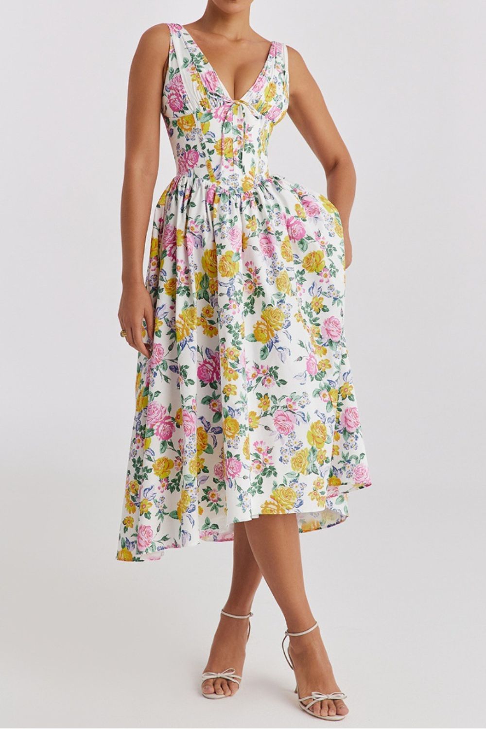 Floral V-Neck Sleeveless Midi Dress with Pockets