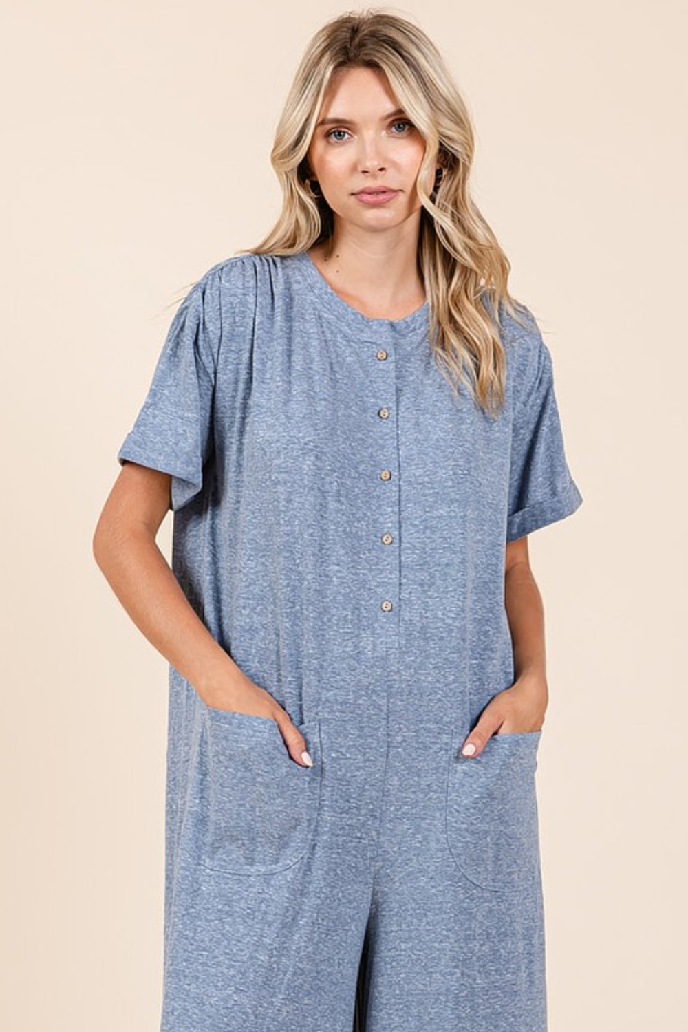 Button Detail Short Sleeve Wide Leg Jumpsuit