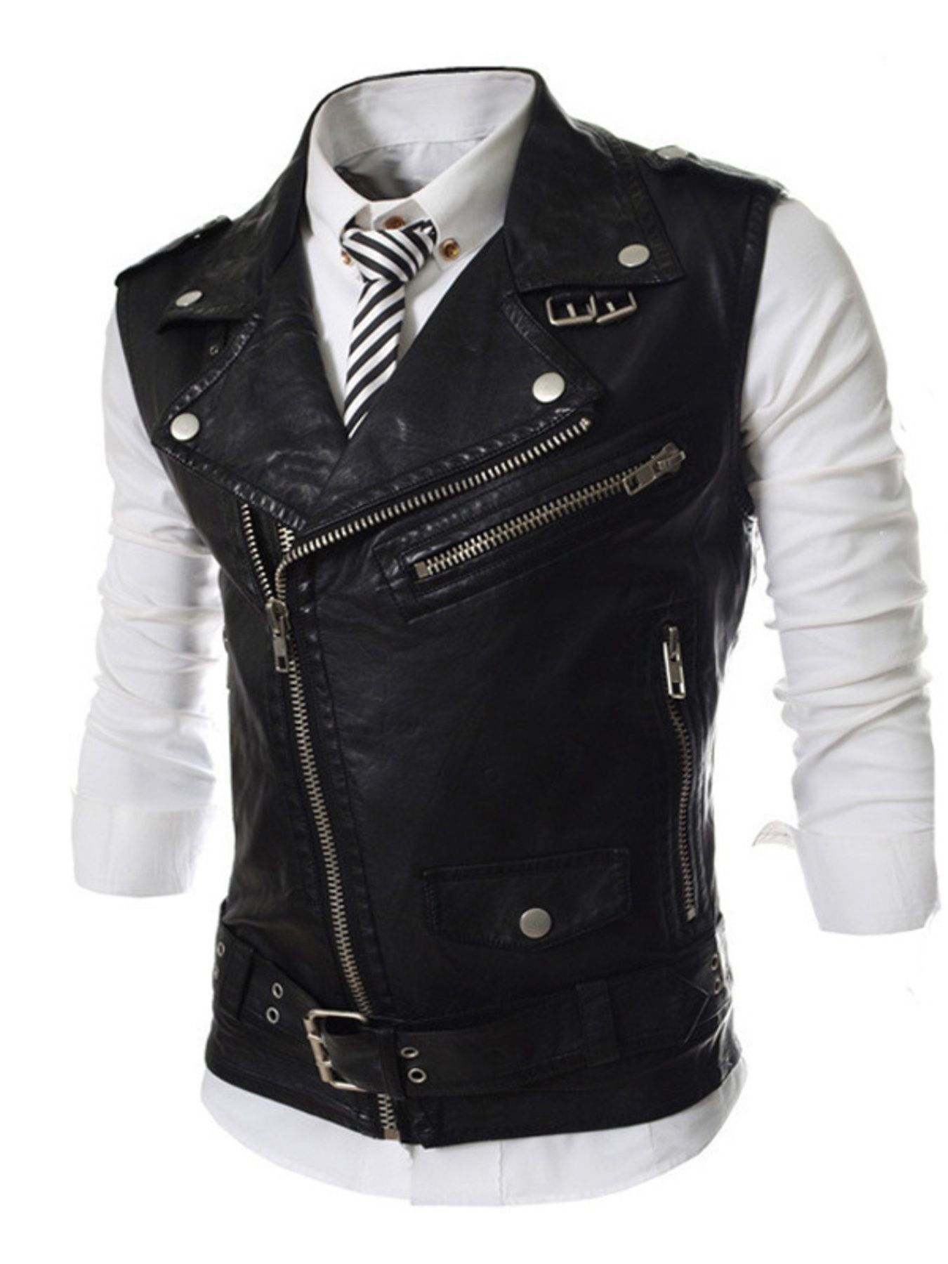 Men's Plus Size Asymmetrical Zipper Adjustable Belt Buckle Vest